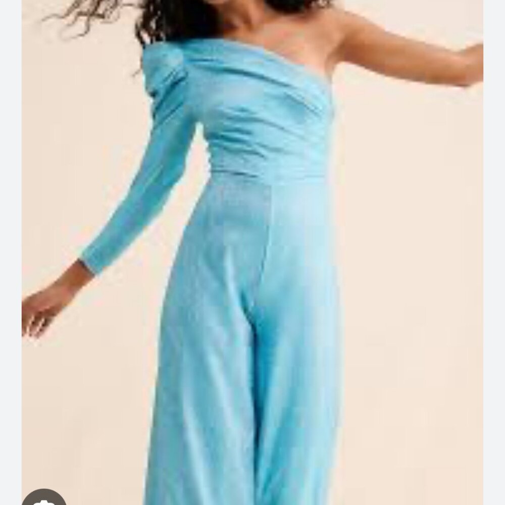 new ANTHROPLOGIE ebony blue sparkle audette one shoulder jumpsuit s small